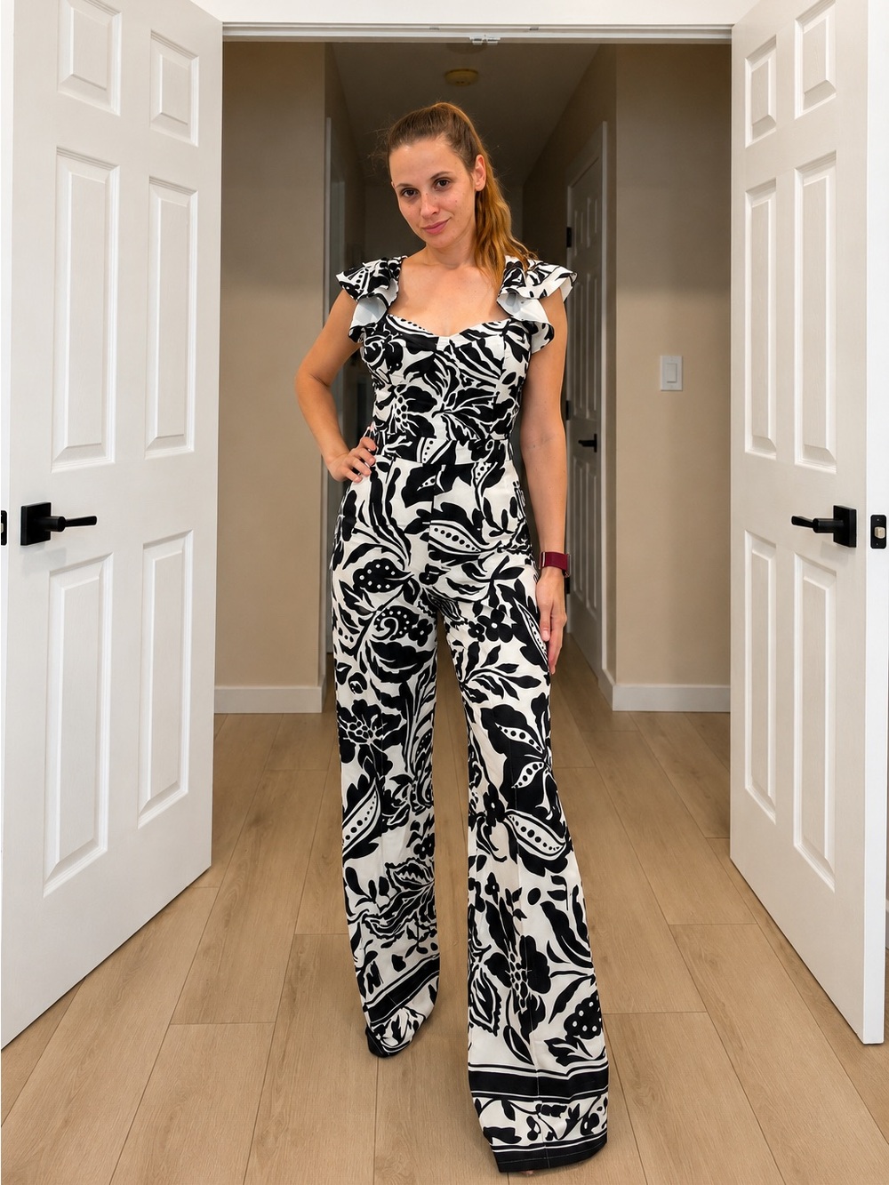 Fashion Nova Black & White Floral Wide-Leg Jumpsuit with Ruffle Straps size M